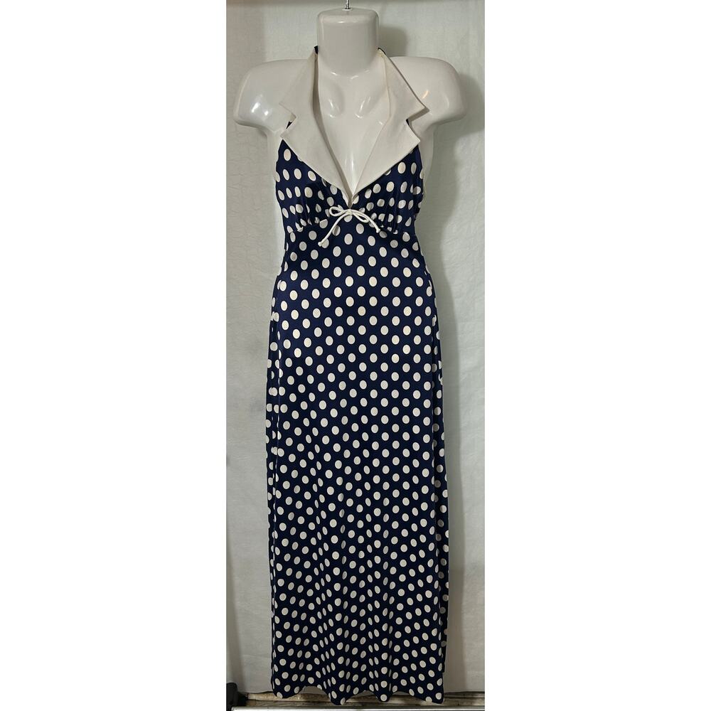 Vintage DeWeese Design Navy Polka Dot Halter Maxi Dress with Collar Size 8/30